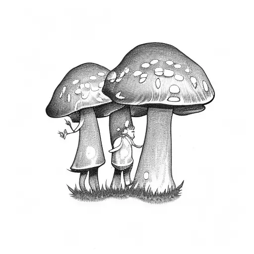 A mushroom couple dancing to music notes tattoo design idea
