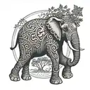 bohemian elephant with trunk up and has a bonsai tree coming from its back in a circle frame tattoo design idea