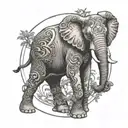 bohemian elephant with trunk up and has a bonsai tree coming from its back in a circle frame tattoo design idea
