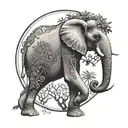 bohemian elephant with trunk up and has a bonsai tree coming from its back in a circle frame tattoo design idea