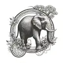 bohemian elephant with trunk up and has a bonsai tree coming from its back in a circle frame tattoo design idea