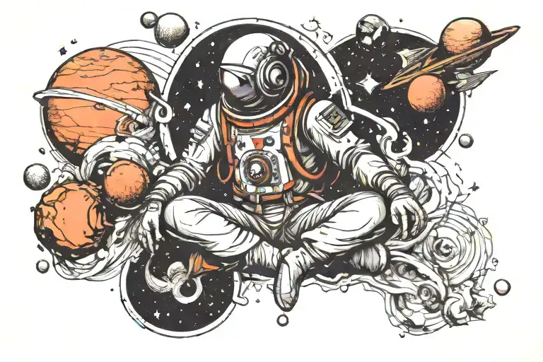 half monk half astronaut meditating showing balance of heart and mind and planets or space in the background  tattoo design idea