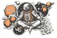 half monk half astronaut meditating showing balance of heart and mind and planets or space in the background  tattoo design idea