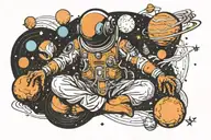 half monk half astronaut meditating showing balance of heart and mind and planets or space in the background  tattoo design idea
