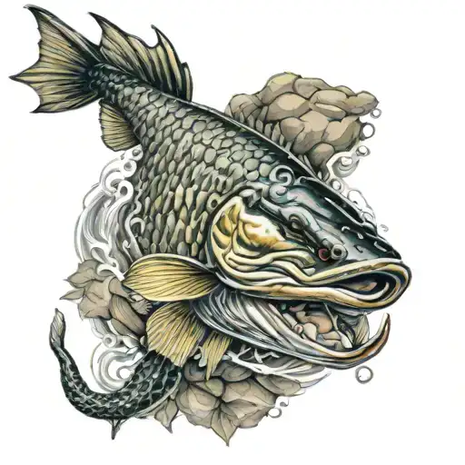 pike eating a small fish swimming tattoo design idea