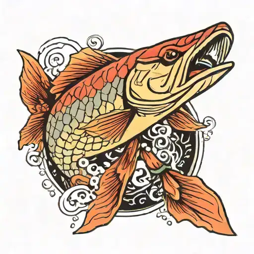 pike eating a  fish swimming tattoo design idea