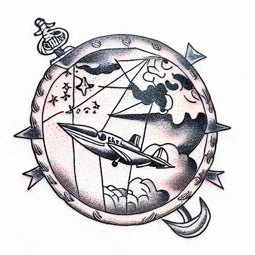 sailor Jerry style globe and airplane tattoo design idea