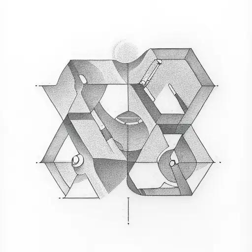 A realistic carpenter's workbench with hexagon-shaped tools tattoo design idea