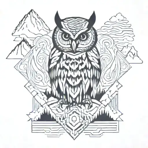 owl, mountain, and waterfall flowing tattoo design idea