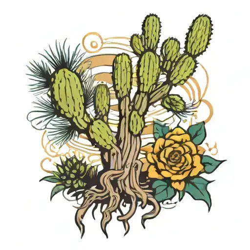 a saguaro next to a douglas fir with their roots entertwining tattoo design idea