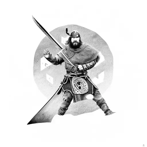 Viking warrior wielding a sword in front of a Icelandic landscape tattoo design idea