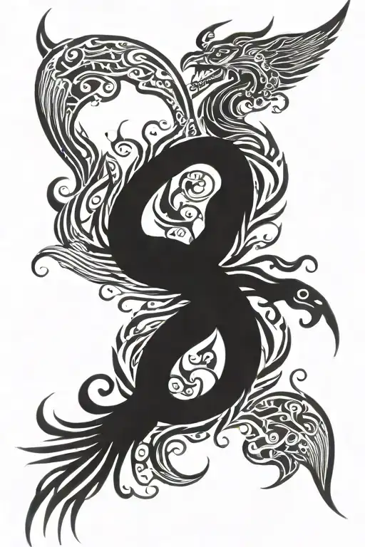 phoenix and dragon with intertwined necks and wings facing the arms in nordic style tattoo design idea