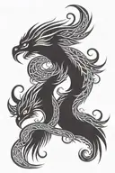 phoenix and dragon with intertwined necks and wings facing the arms in nordic style tattoo design idea