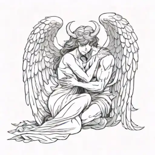 female angel hugging male demon tattoo design idea
