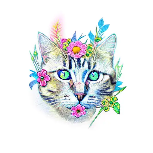 looped tattoo on a hand with flowers and cats tattoo design idea