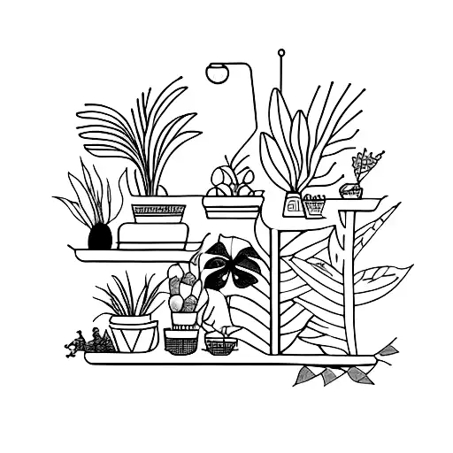 a shelf with memories of trips and plants  tattoo design idea