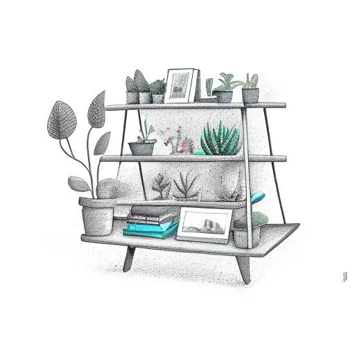 a shelf with memories of trips and plants  tattoo design idea