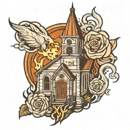 burning church tattoo design idea
