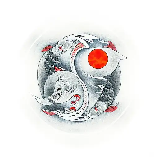 yin and yang as koi's infront of a red moon tattoo design idea