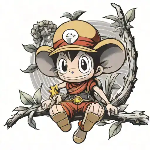 Pokemon Aipom dressed as luffy from one piece, hanging on a branch  tattoo design idea