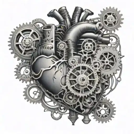A detailed anatomical heart with gears and mechanical elements representing the balance between mind and heart tattoo design idea