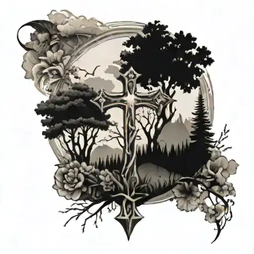 A cross tattoo with a nature theme, incorporating elements like trees, animals, and flowers tattoo design idea