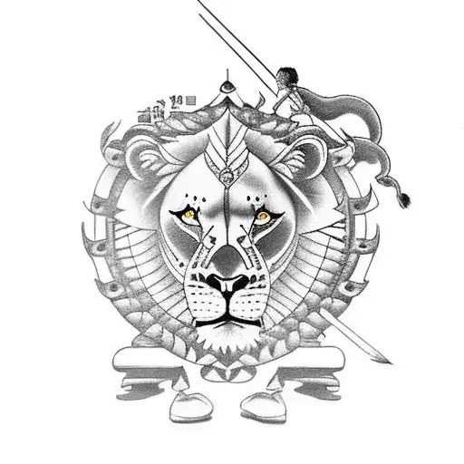 a girl and an archer stand behind a large shield, at the foot of the shield lie a lioness and a lion cub tattoo design idea