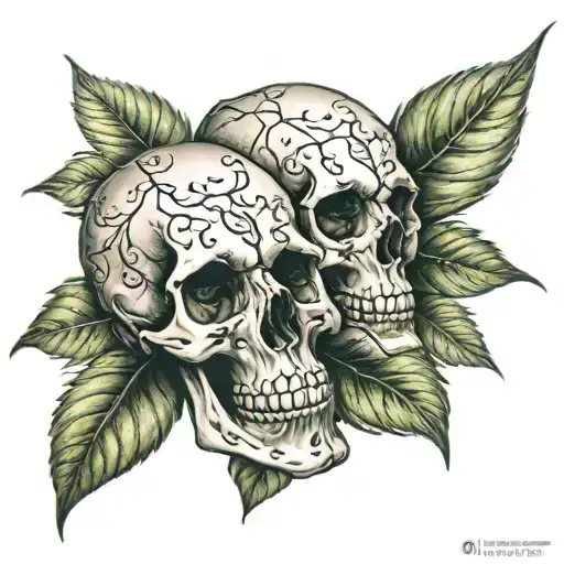 2 skulls with leaves growing tattoo design idea