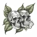 2 skulls with leaves growing tattoo design idea