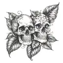 2 skulls with leaves growing tattoo design idea
