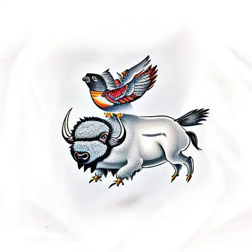 a bird, bison, and skunk hanging out tattoo design idea