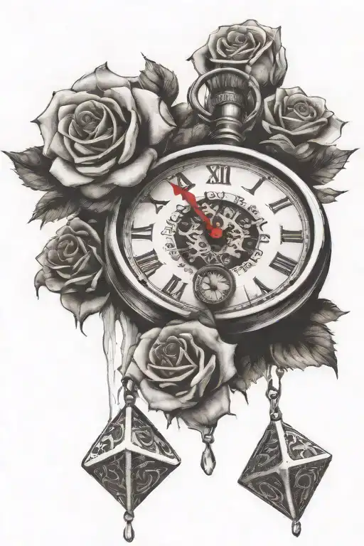 rose clock dice rolling tattoo design idea