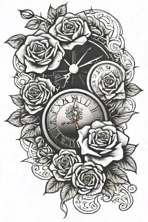 Clock rose dice rolling tattoo design idea