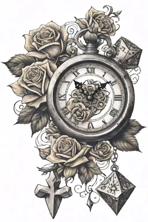 rose clock dice cross   tattoo design idea