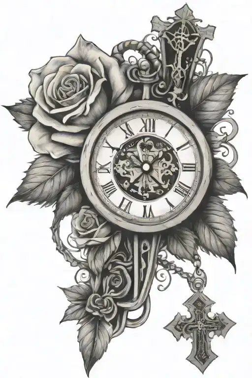 rose clock dice cross christ sacred heart tattoo design idea