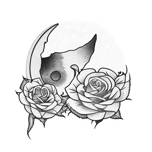 crescent moon made from roses with a name tattoo design idea