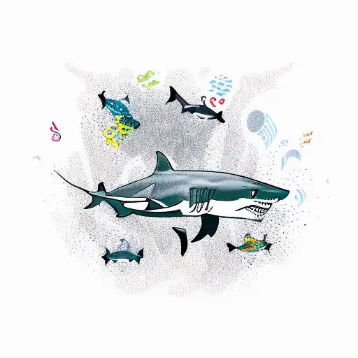 Shark swimming through a vibrant music festival crowd tattoo design idea