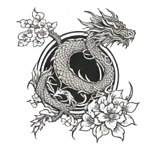 A tattoo featuring a dragon and sakura flowers intertwined in a mystical and elegant design tattoo design idea