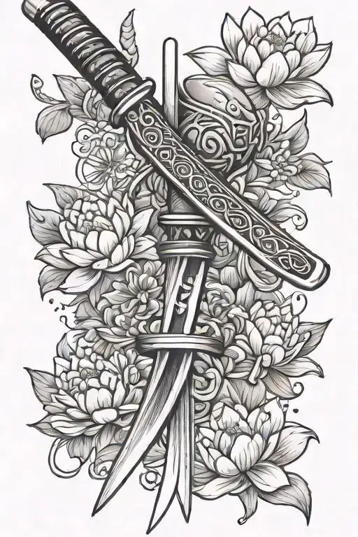A tattoo of a katana surrounded by lotus flowers, symbolizing strength and beauty in Japanese culture tattoo design idea