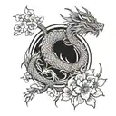A tattoo featuring a dragon and sakura flowers intertwined in a mystical and elegant design tattoo design idea