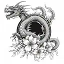 A tattoo featuring a dragon and sakura flowers intertwined in a mystical and elegant design tattoo design idea