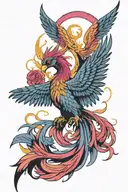 phoenix rising with wings spread, clutching a bisexual pride flag in its claws tattoo design idea