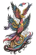 phoenix rising with wings spread, clutching a bisexual pride flag in its claws tattoo design idea