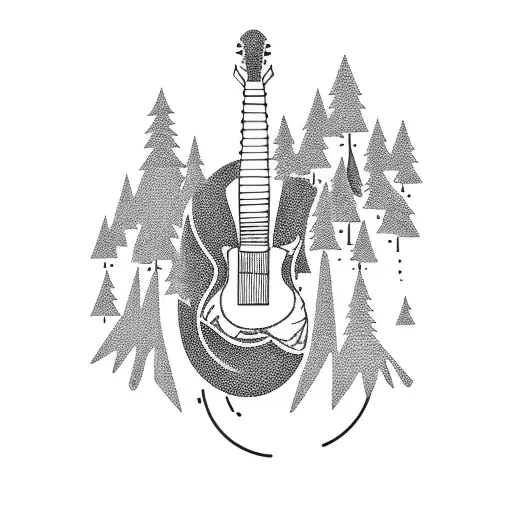 A silhouette of a person playing a guitar on top of a mountain, surrounded by trees tattoo design idea