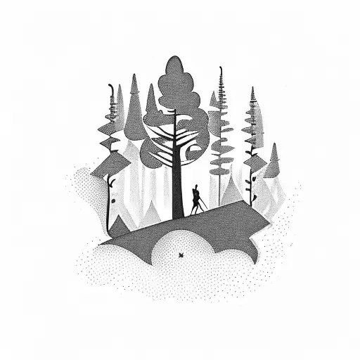 A silhouette of a person hiking through a forest with musical notes intertwined in the trees tattoo design idea