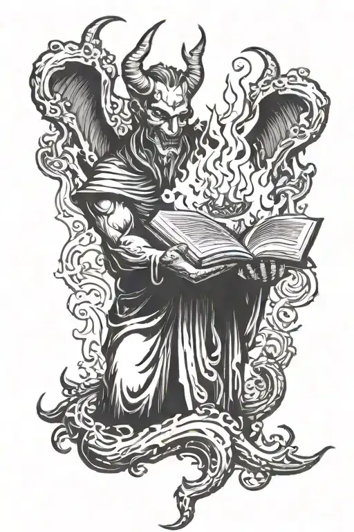 devil holding a burning bible tattoo design idea