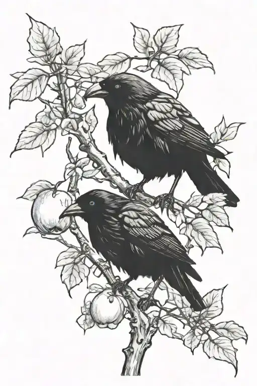 crow perched in apple branches feminine tattoo design idea