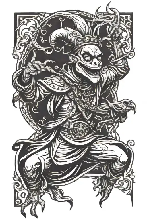 jester with a frog face dancing with a crow tattoo design idea