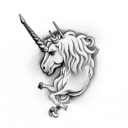 unicorn breaking free from english lion and rearing up against it tattoo design idea