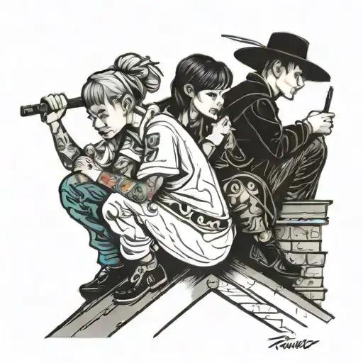 four people crouching on a roof tattoo design idea